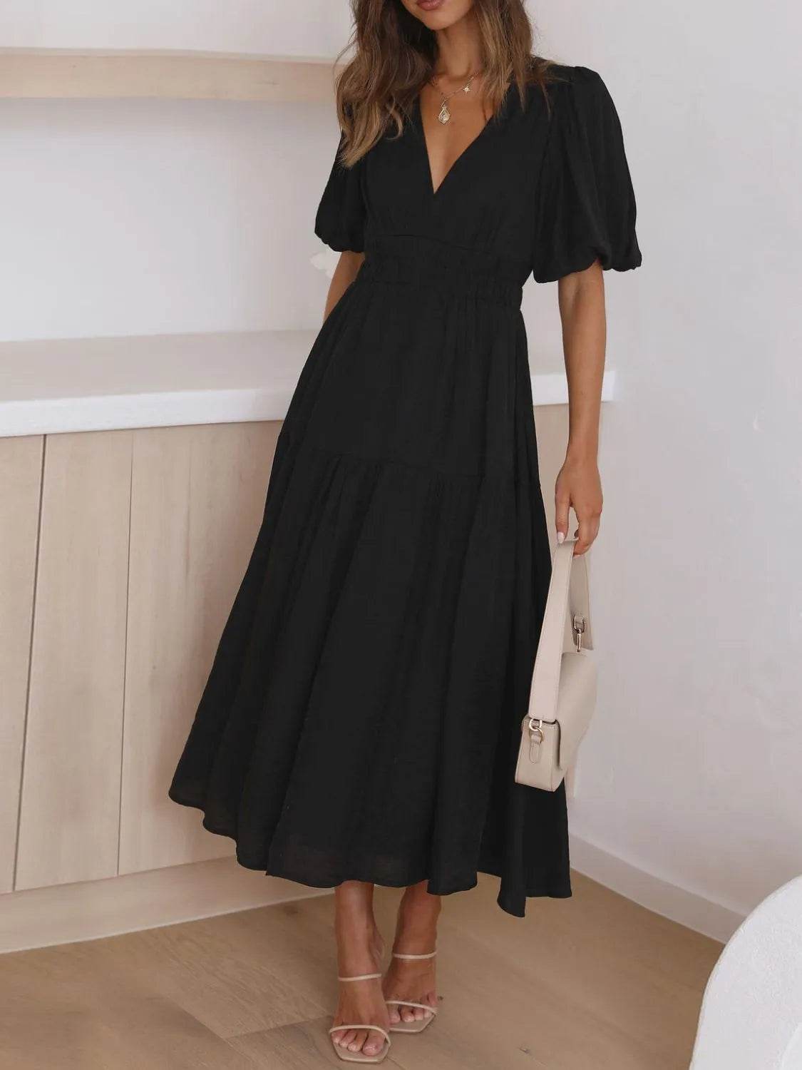V-Neck Puff Sleeve Midi Dress - MARIGOLD 