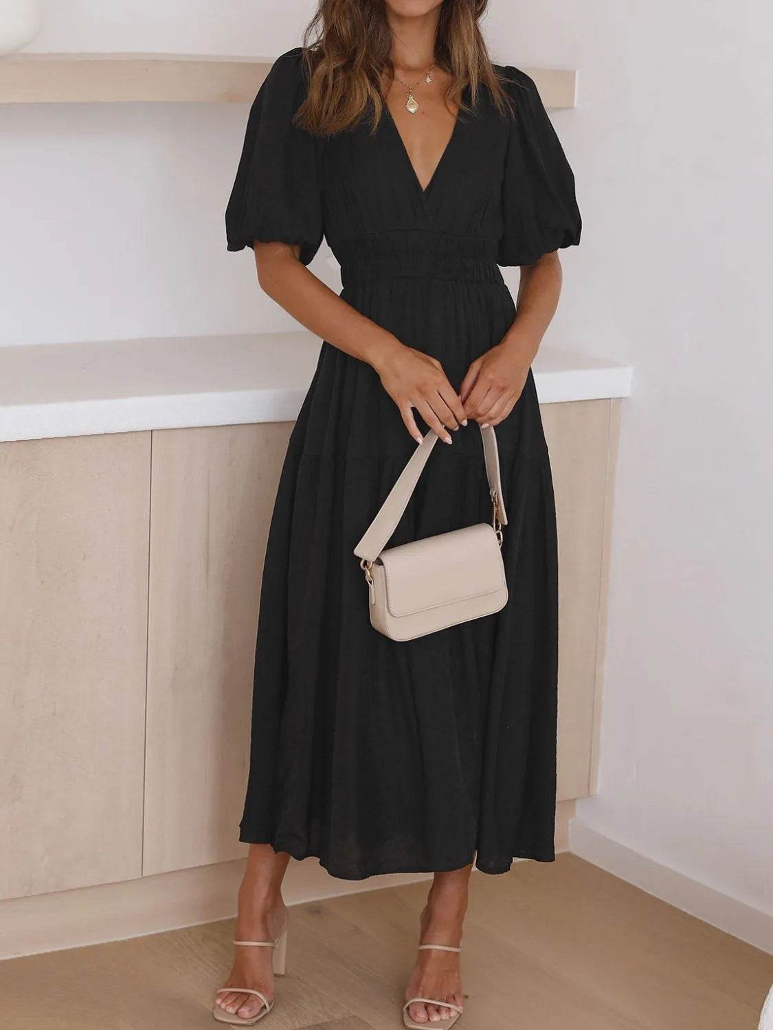 V-Neck Puff Sleeve Midi Dress - MARIGOLD 