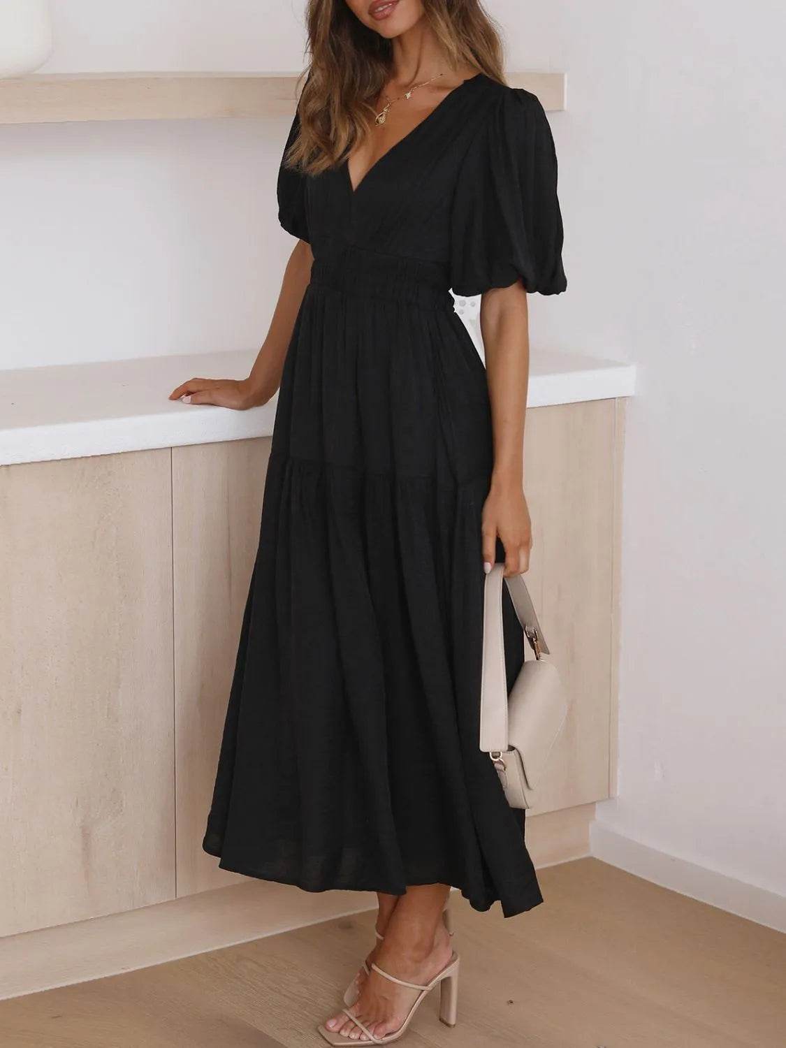V-Neck Puff Sleeve Midi Dress - MARIGOLD 