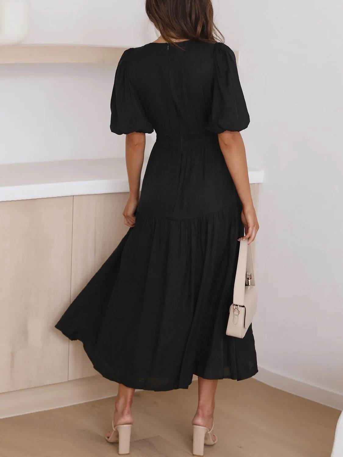 V-Neck Puff Sleeve Midi Dress - MARIGOLD 