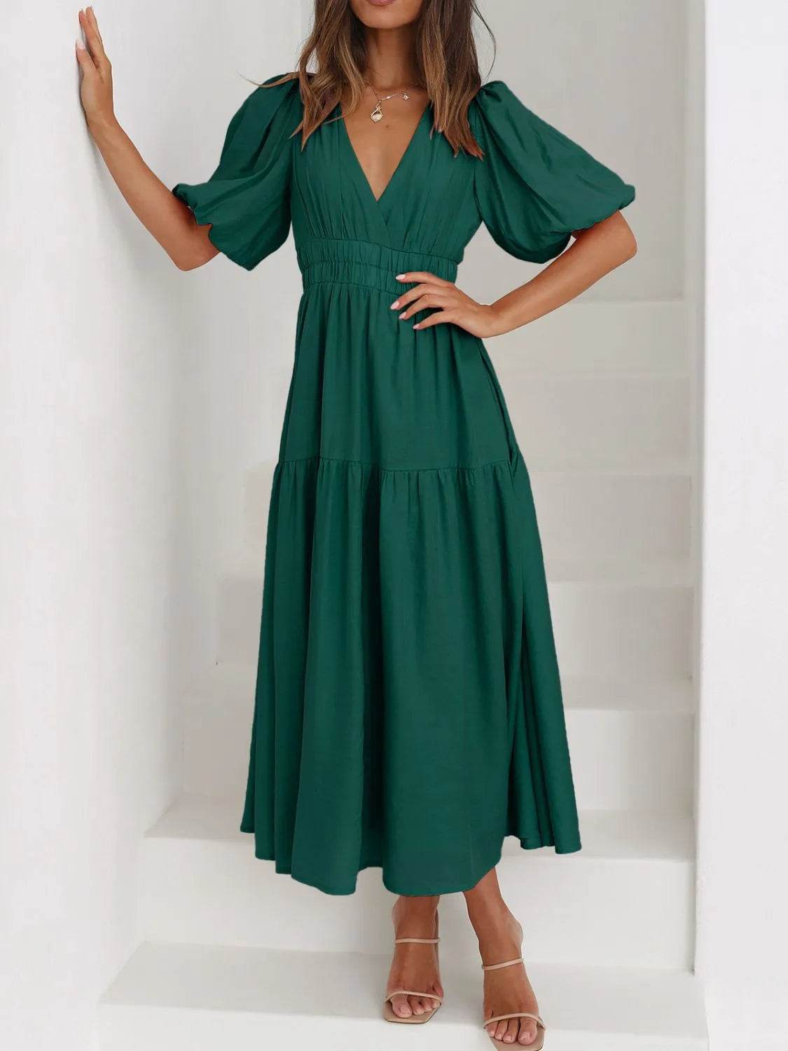 V-Neck Puff Sleeve Midi Dress - MARIGOLD 