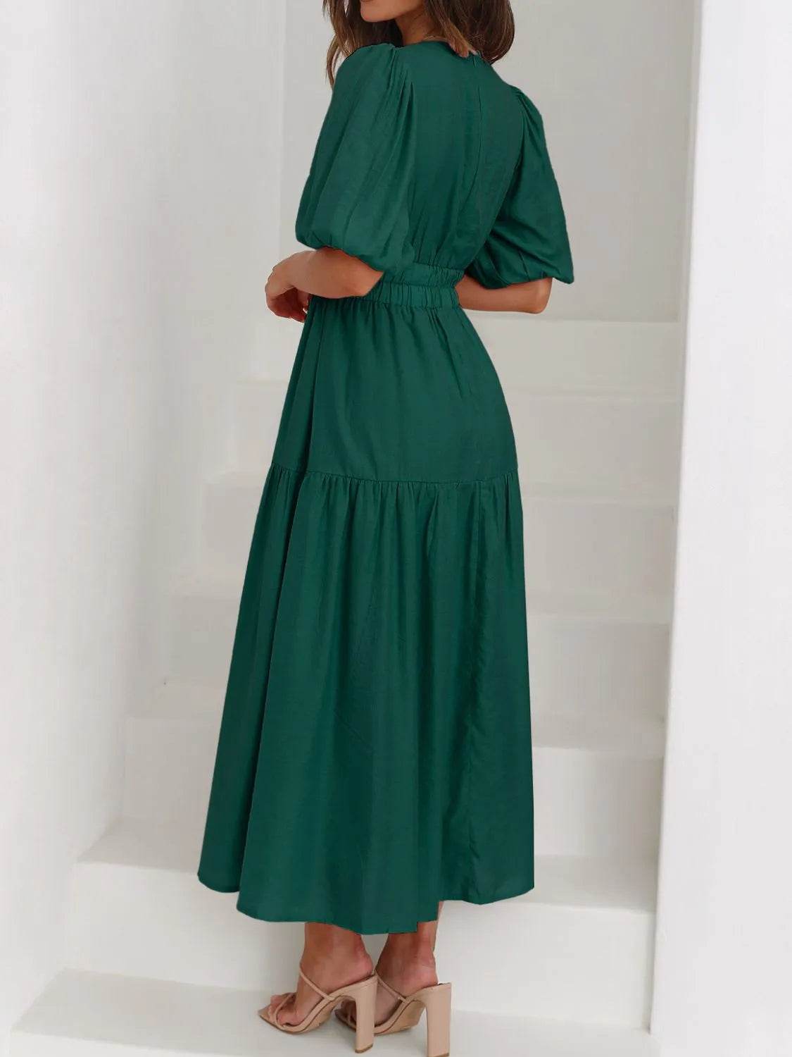V-Neck Puff Sleeve Midi Dress - MARIGOLD 