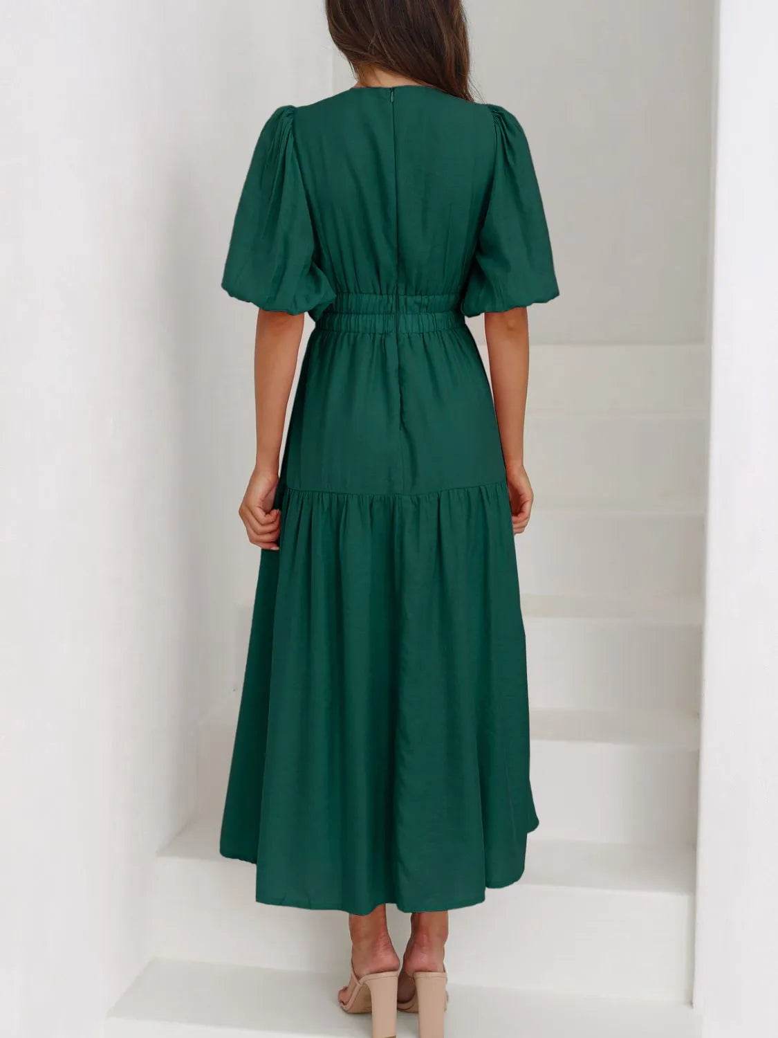 V-Neck Puff Sleeve Midi Dress - MARIGOLD 