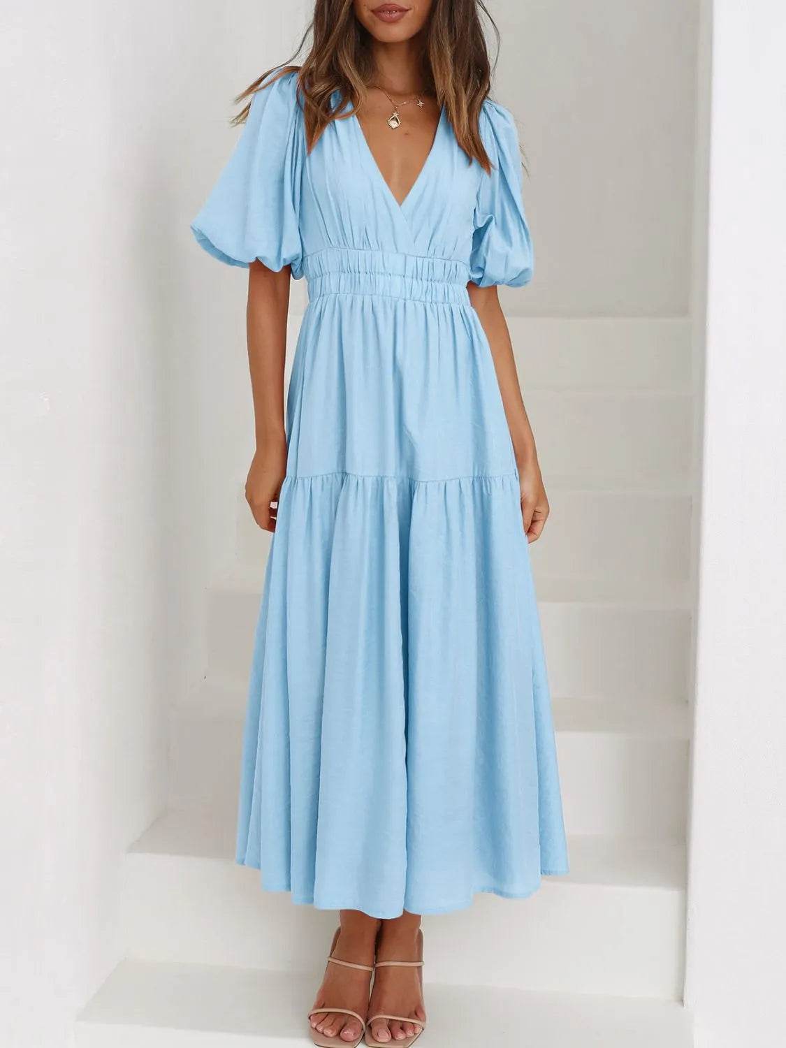 V-Neck Puff Sleeve Midi Dress - MARIGOLD 