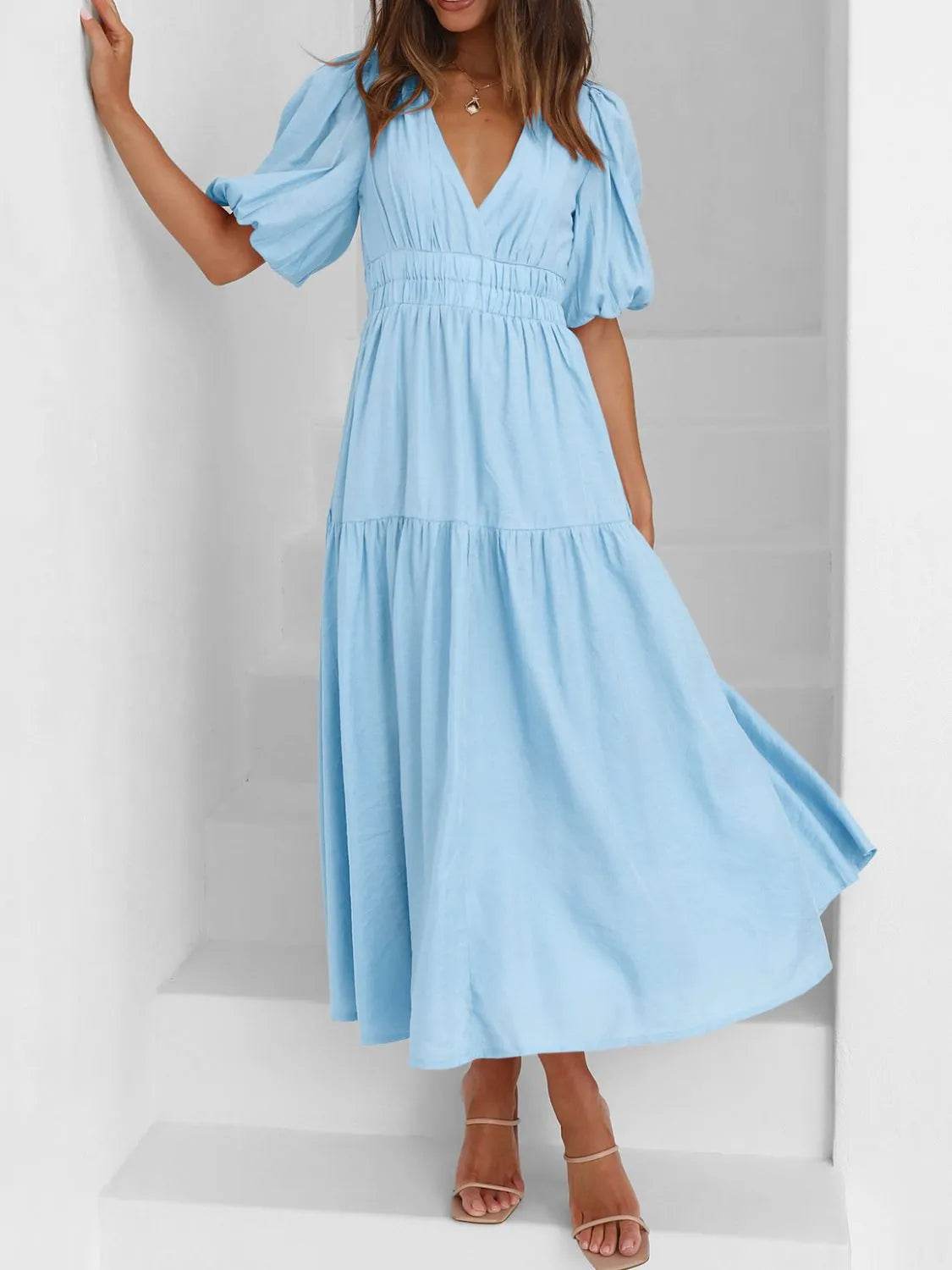 V-Neck Puff Sleeve Midi Dress - MARIGOLD 
