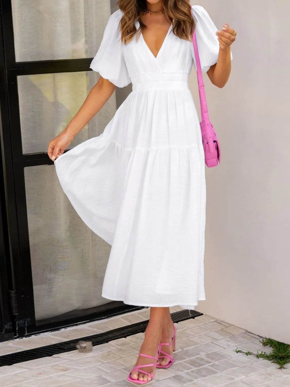 V-Neck Puff Sleeve Midi Dress - MARIGOLD 