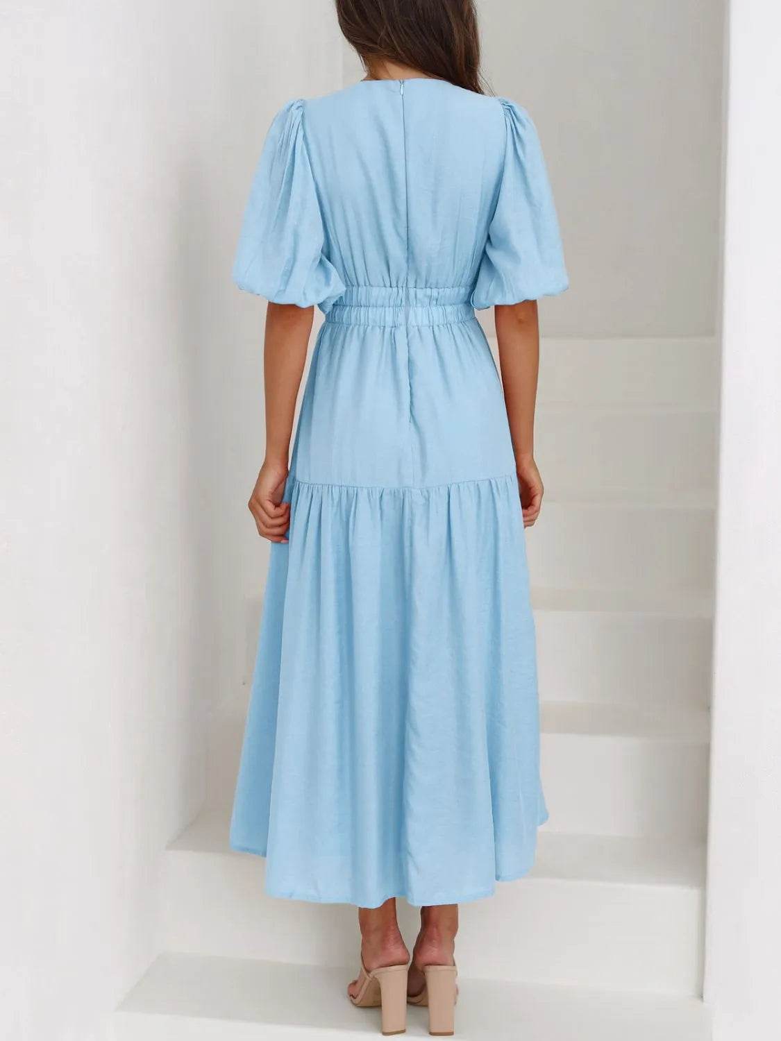 V-Neck Puff Sleeve Midi Dress - MARIGOLD 