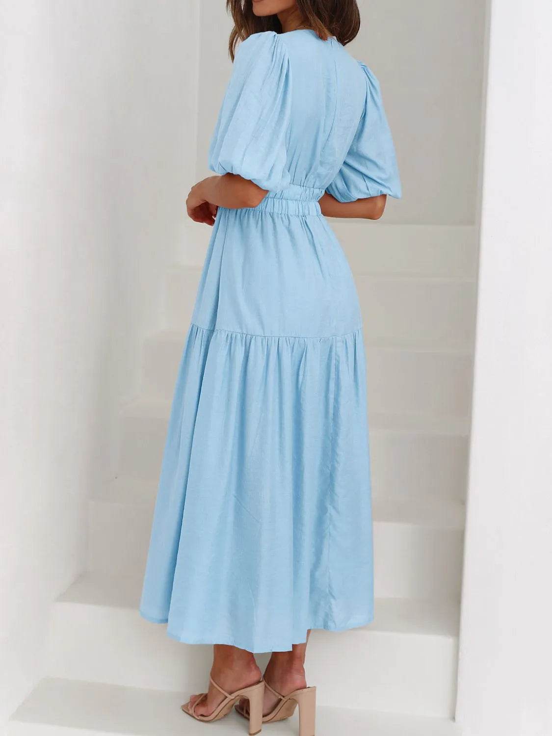 V-Neck Puff Sleeve Midi Dress - MARIGOLD 