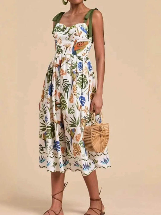 Tropical Print Tie-Shoulder Sweetheart Neck Midi Dress - MARIGOLD 