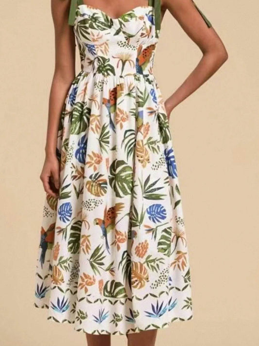 Tropical Print Tie-Shoulder Sweetheart Neck Midi Dress - MARIGOLD 