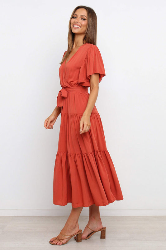 Tie-Waist Angel Sleeve Tiered Midi Dress - MARIGOLD 