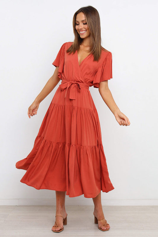 Tie-Waist Angel Sleeve Tiered Midi Dress - MARIGOLD 