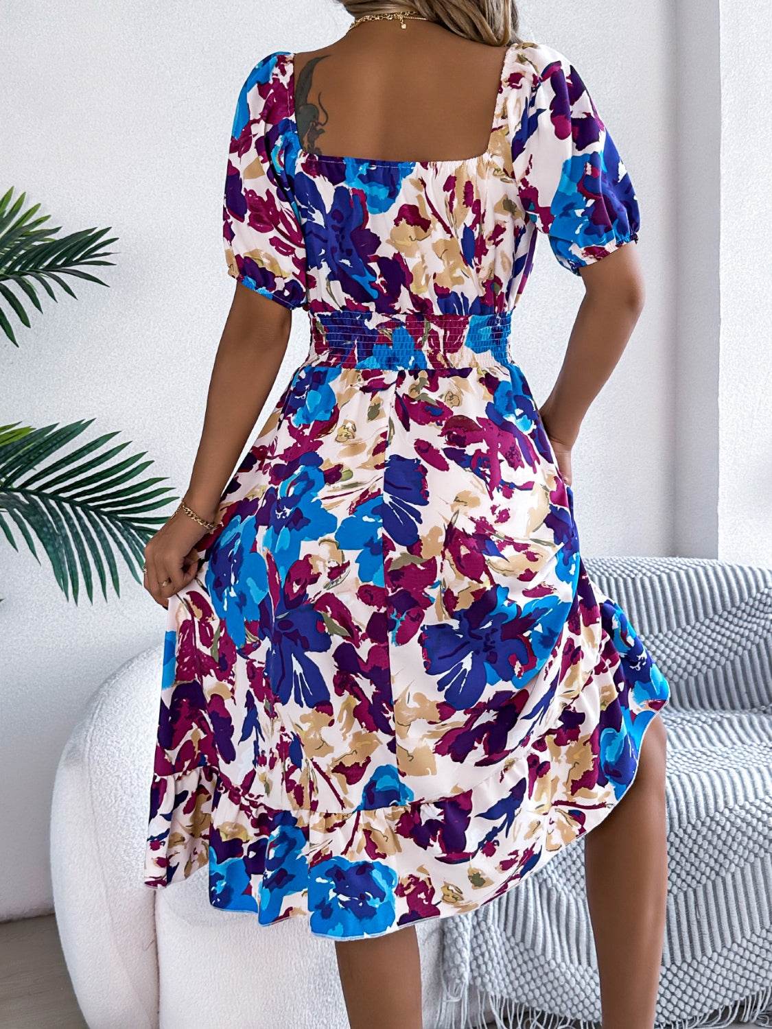 Floral Short Sleeve Midi Dress with Ruffled Hem - MARIGOLD 