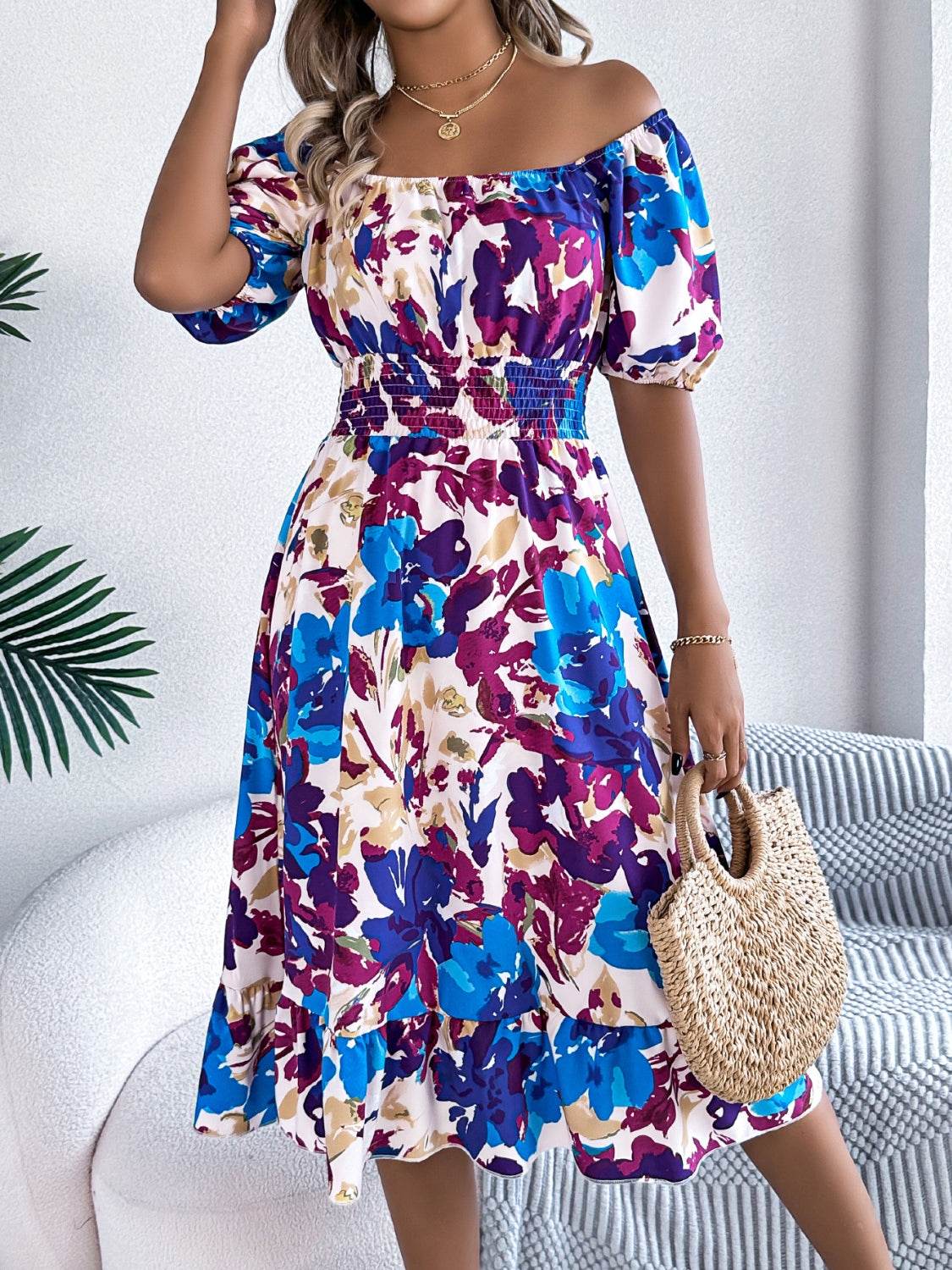 Floral Short Sleeve Midi Dress with Ruffled Hem - MARIGOLD 