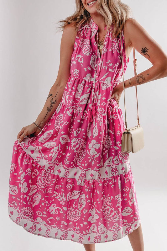 Floral Sleeveless Tasseled Tie Neck Tiered Midi Dress - MARIGOLD 