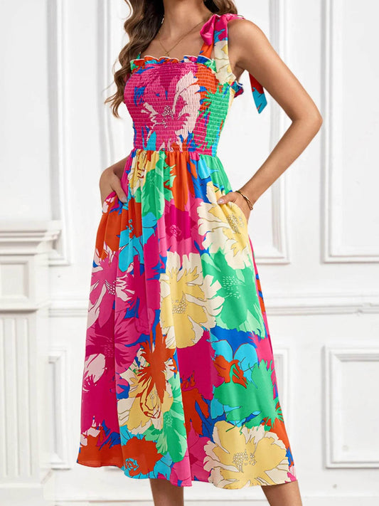Floral Print Smocked Tie Shoulder Midi Dress - MARIGOLD 