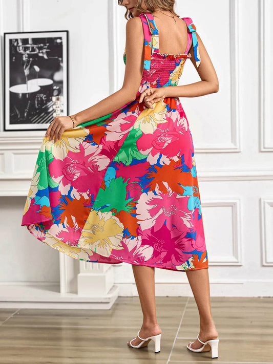 Floral Print Smocked Tie Shoulder Midi Dress - MARIGOLD 