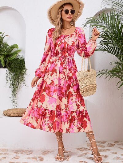 Printed Long Sleeve Midi Dress - MARIGOLD 