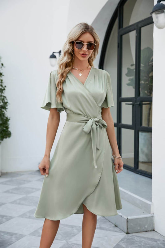 Tulip Hem Surplice Midi Dress with Tie Waist & Flutter Sleeves - MARIGOLD 