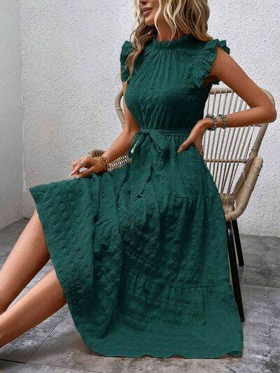 Tied Ruffled Cap Sleeve Midi Dress - MARIGOLD 