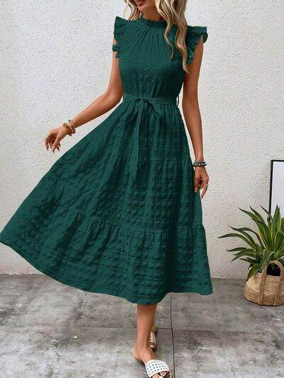 Tied Ruffled Cap Sleeve Midi Dress - MARIGOLD 