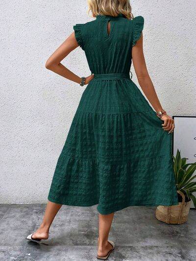 Tied Ruffled Cap Sleeve Midi Dress - MARIGOLD 