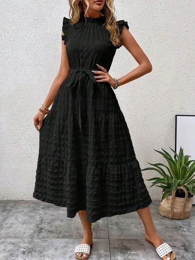 Tied Ruffled Cap Sleeve Midi Dress - MARIGOLD 