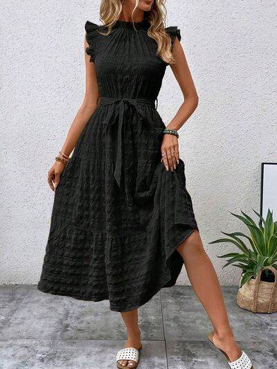 Tied Ruffled Cap Sleeve Midi Dress - MARIGOLD 