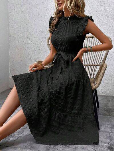 Tied Ruffled Cap Sleeve Midi Dress - MARIGOLD 