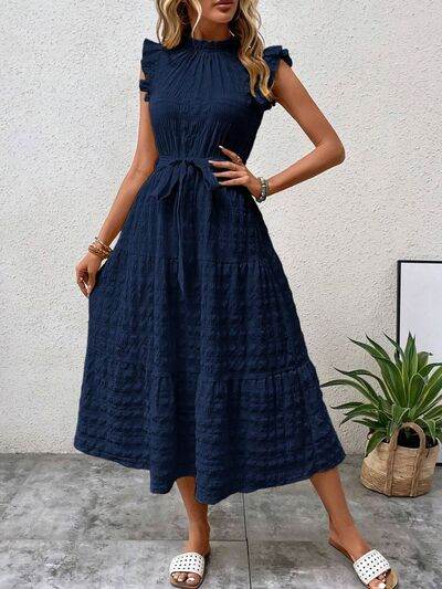 Tied Ruffled Cap Sleeve Midi Dress - MARIGOLD 