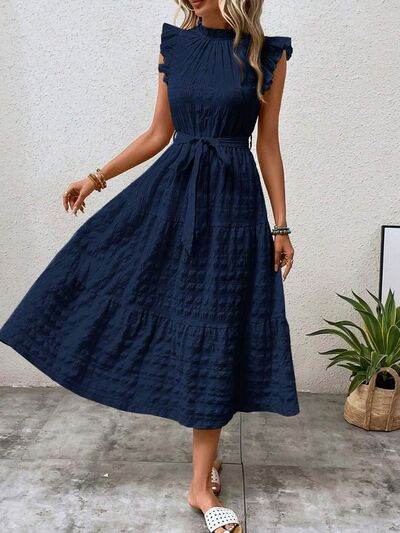 Tied Ruffled Cap Sleeve Midi Dress - MARIGOLD 