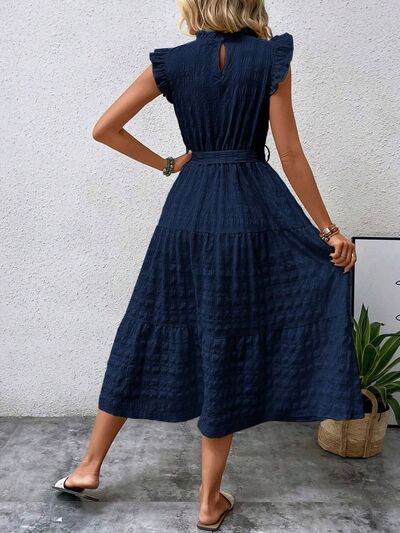 Tied Ruffled Cap Sleeve Midi Dress - MARIGOLD 