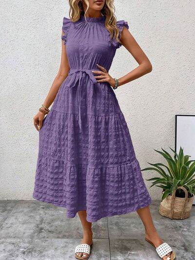 Tied Ruffled Cap Sleeve Midi Dress - MARIGOLD 
