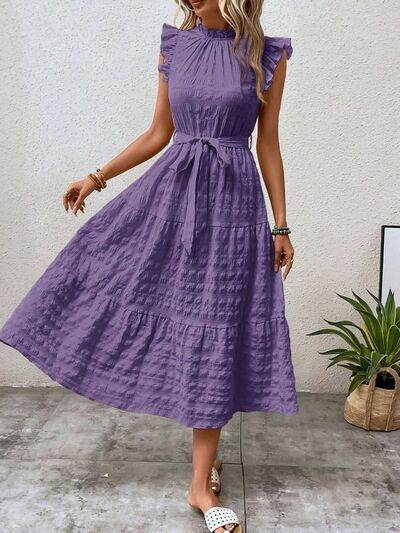 Tied Ruffled Cap Sleeve Midi Dress - MARIGOLD 