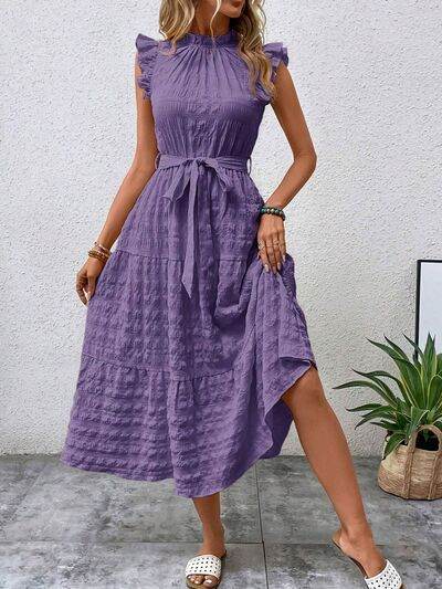 Tied Ruffled Cap Sleeve Midi Dress - MARIGOLD 