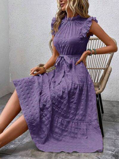 Tied Ruffled Cap Sleeve Midi Dress - MARIGOLD 