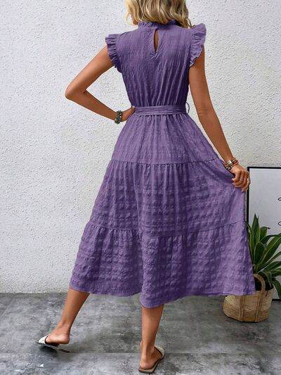 Tied Ruffled Cap Sleeve Midi Dress - MARIGOLD 