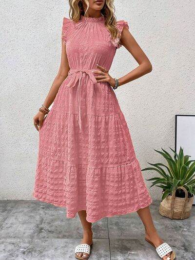 Tied Ruffled Cap Sleeve Midi Dress - MARIGOLD 