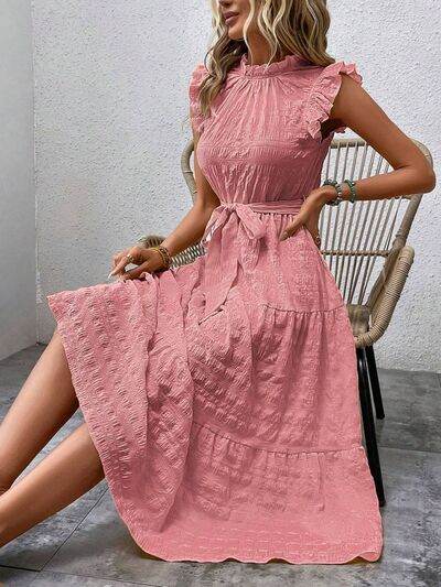 Tied Ruffled Cap Sleeve Midi Dress - MARIGOLD 