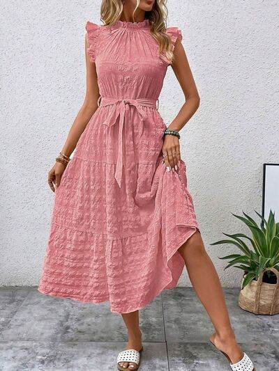 Tied Ruffled Cap Sleeve Midi Dress - MARIGOLD 