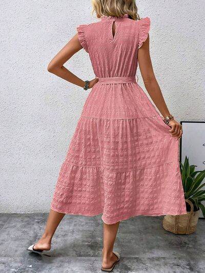Tied Ruffled Cap Sleeve Midi Dress - MARIGOLD 