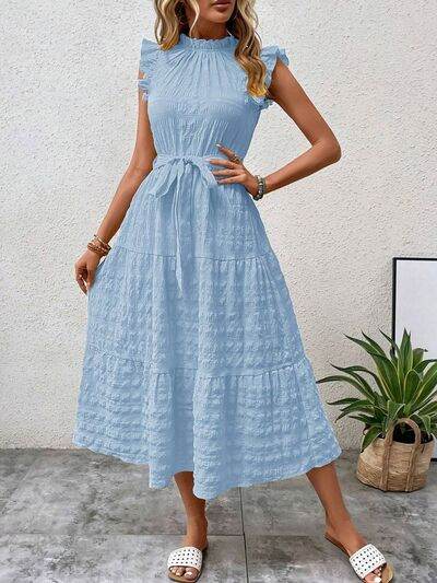 Tied Ruffled Cap Sleeve Midi Dress - MARIGOLD 