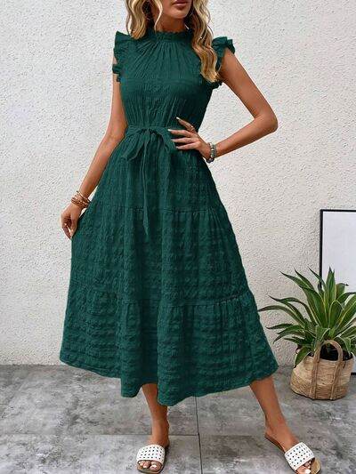 Tied Ruffled Cap Sleeve Midi Dress - MARIGOLD 