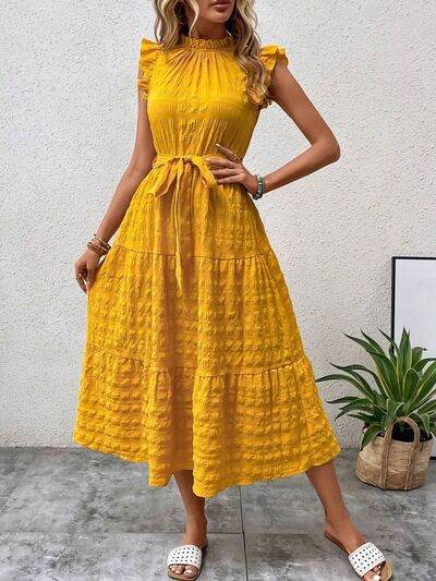 Tied Ruffled Cap Sleeve Midi Dress - MARIGOLD 