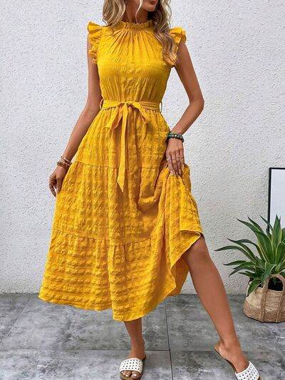 Tied Ruffled Cap Sleeve Midi Dress - MARIGOLD 