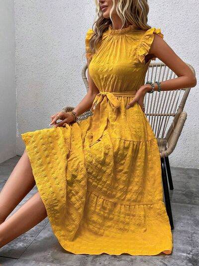 Tied Ruffled Cap Sleeve Midi Dress - MARIGOLD 