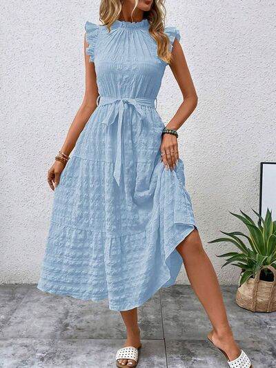 Tied Ruffled Cap Sleeve Midi Dress - MARIGOLD 