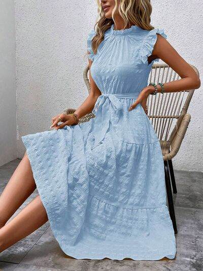 Tied Ruffled Cap Sleeve Midi Dress - MARIGOLD 