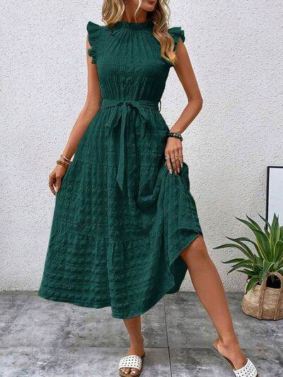 Tied Ruffled Cap Sleeve Midi Dress - MARIGOLD 