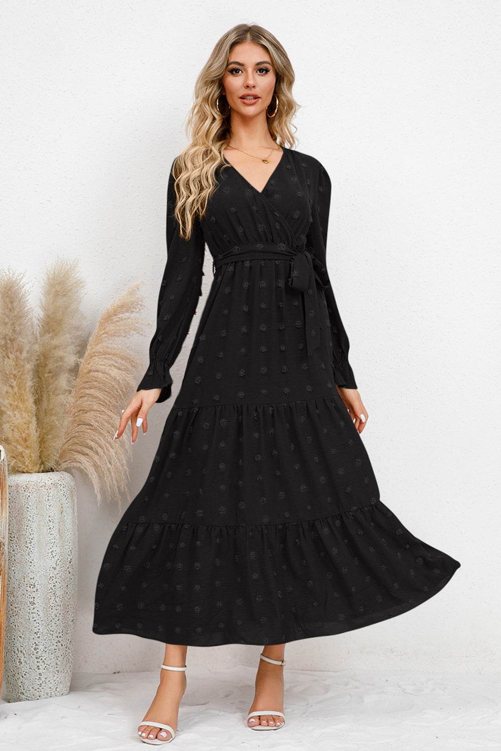 Swiss Dot Tied Waist Surplice Flounce Sleeve Midi Dress - MARIGOLD 